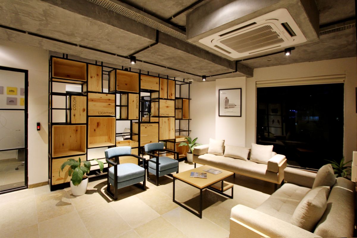 A modern living room with contemporary furniture and decor.